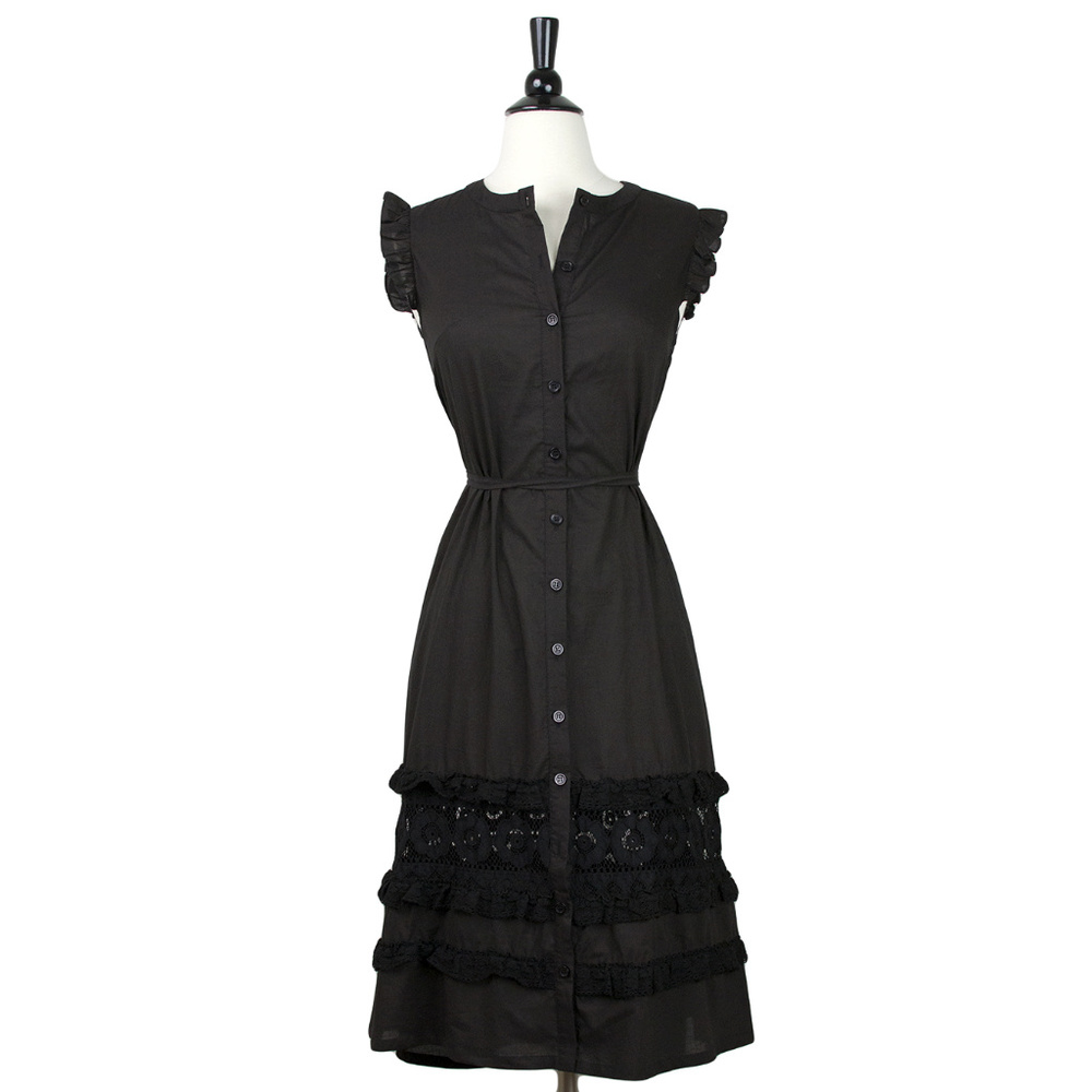 Frock Shop | Black Cap Sleeve Button Front Lace Hem Poplin Midi Dress